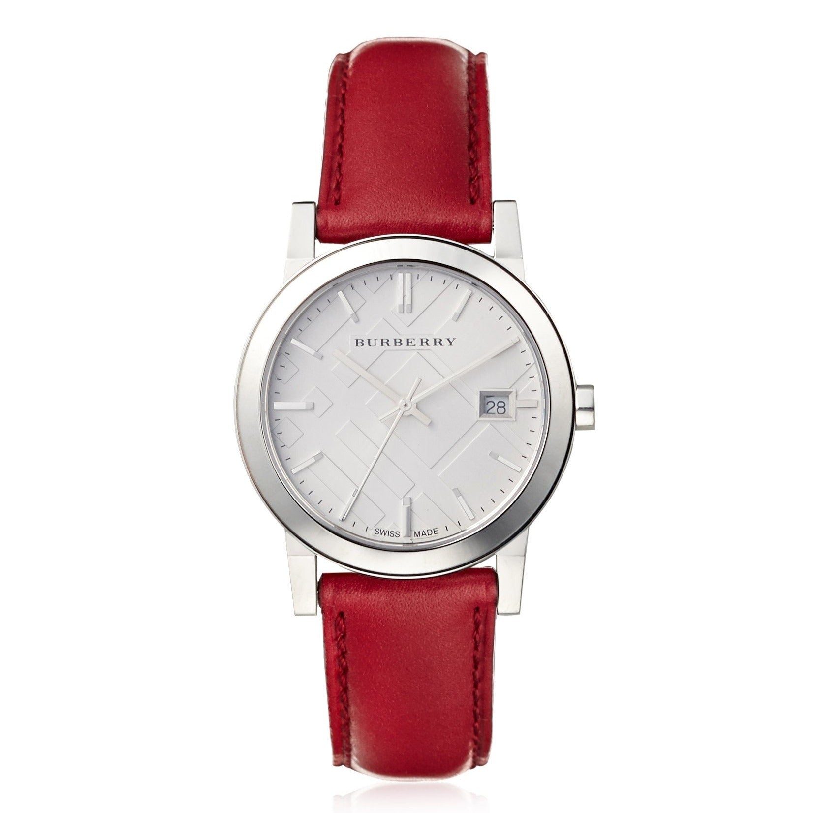 Burberry The City Silver Dial Red Leather Strap Watch for Women - BU9129