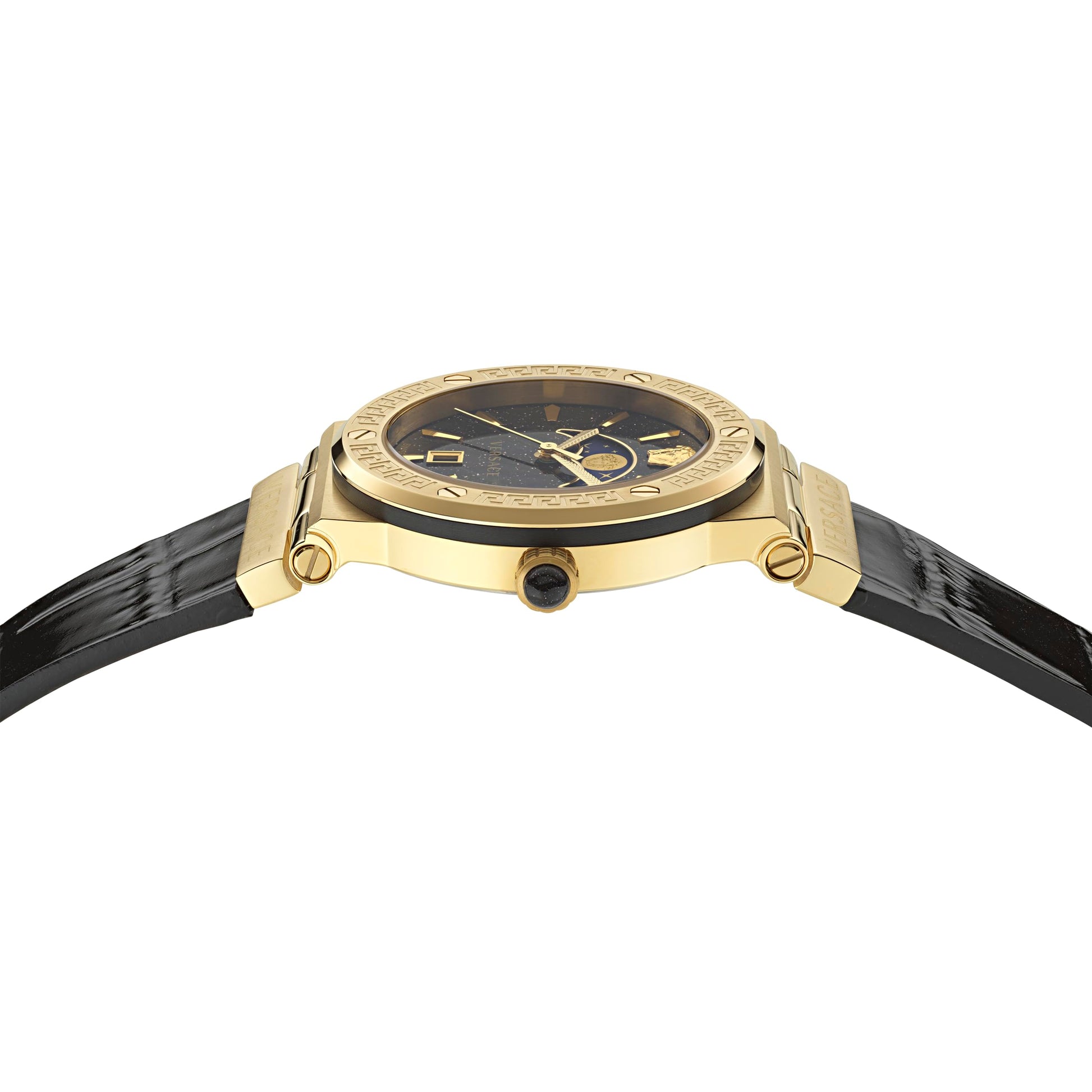  Shop Authentic Versace Greca Moonphase Analog Black Dial Black Leather Strap Watch For Men - VE7G00123 - Luxxuri