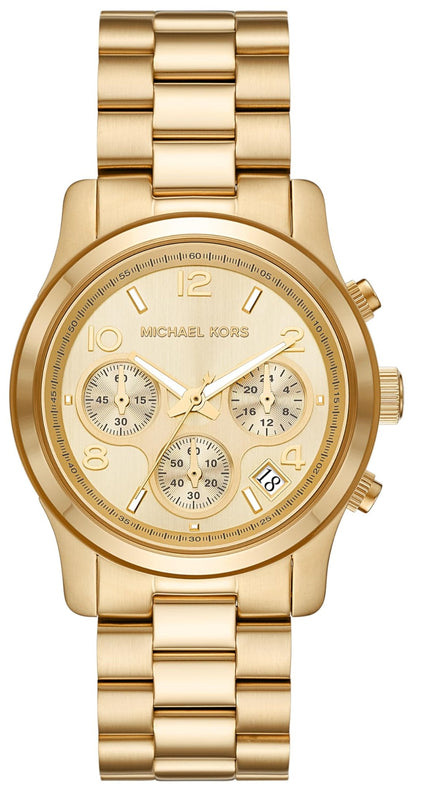  Shop Authentic Michael Kors Runway Chronograph Gold Dial Gold Steel Strap Watch For Women - MK7323 - Luxxuri