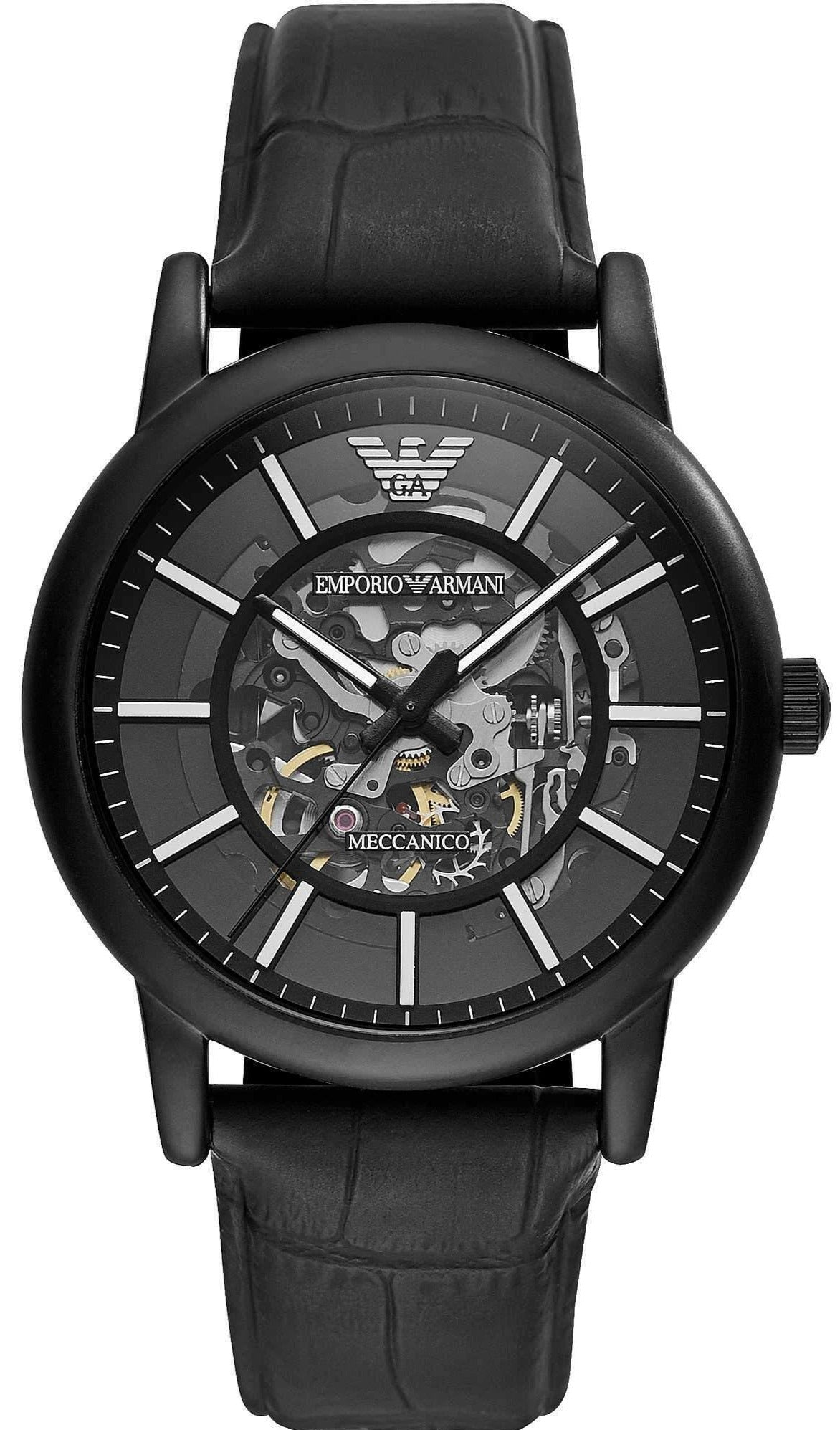  Shop Authentic Emporio Armani Meccanico Automatic Skeleton Dial Black Leather Strap Watch For Men - AR60008 - Luxxuri