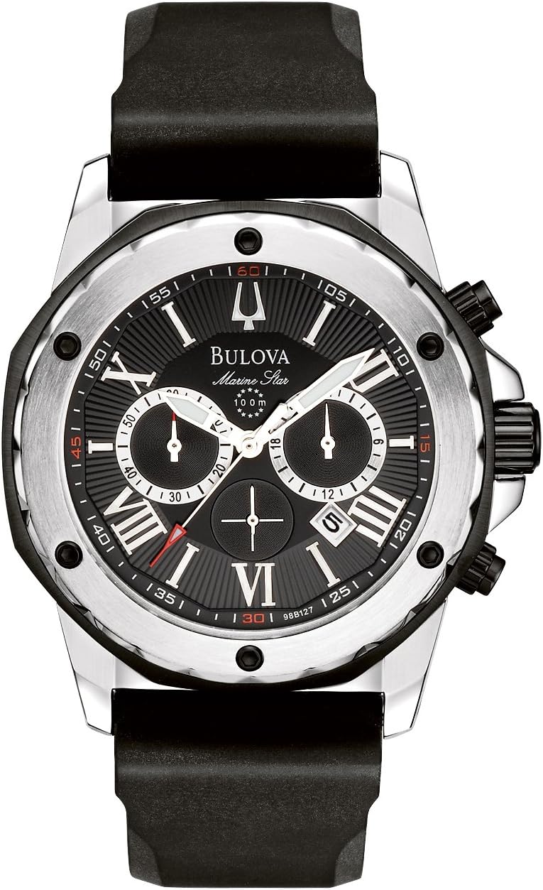  Shop Authentic Bulova Marine Star Chronograph Black Dial Black Rubber Strap Watch for Men - 98B127 - Luxxuri