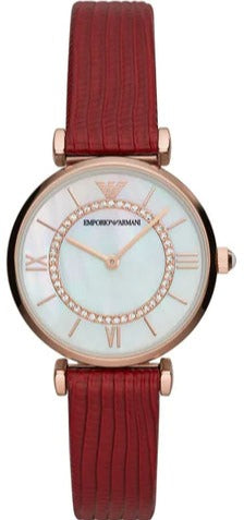  Shop Authentic Emporio Armani Gianni T-Bar Analog Mother of Pearl Dial Red Leather Strap Watch For Women - AR11322 - Luxxuri