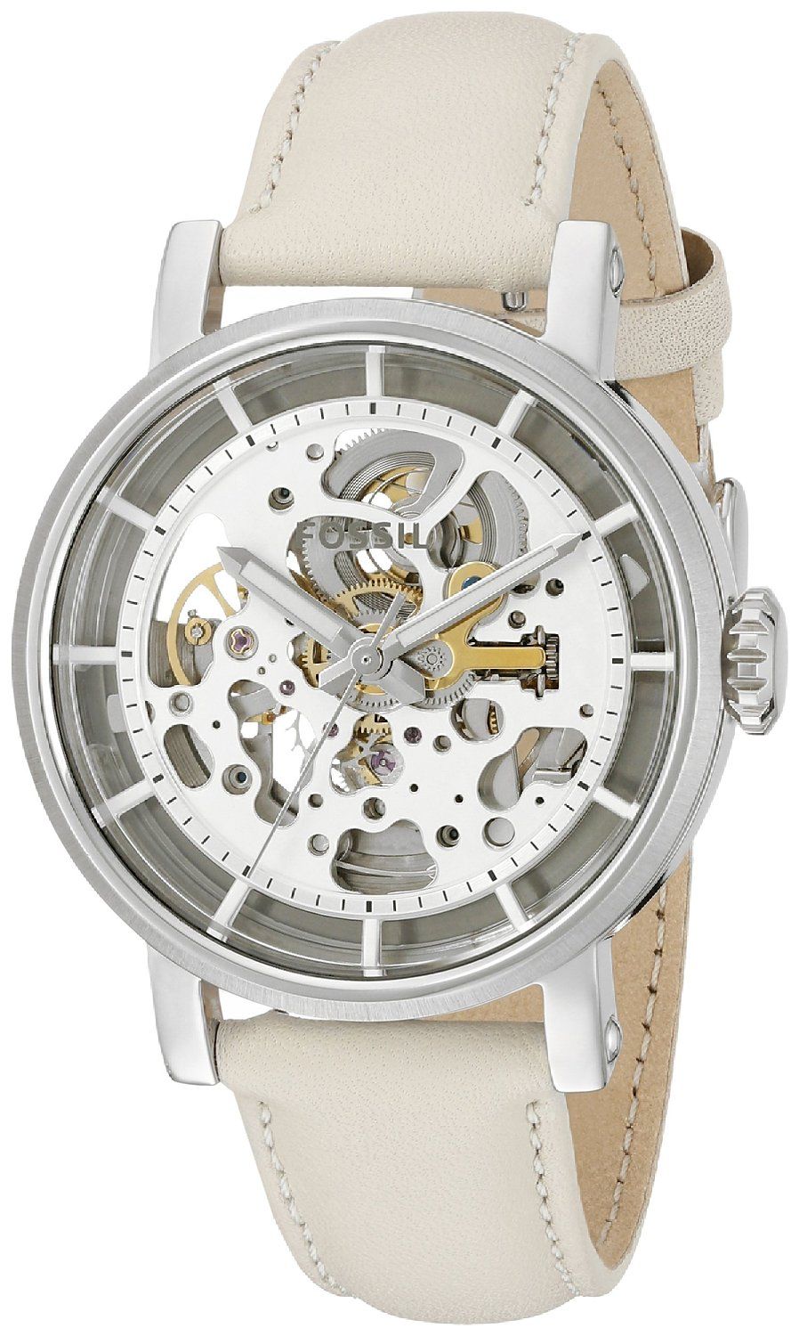  Shop Authentic Fossil Boyfriend Automatic Skeleton Silver Dial White Leather Strap Watch for Women - ME3069 - Luxxuri