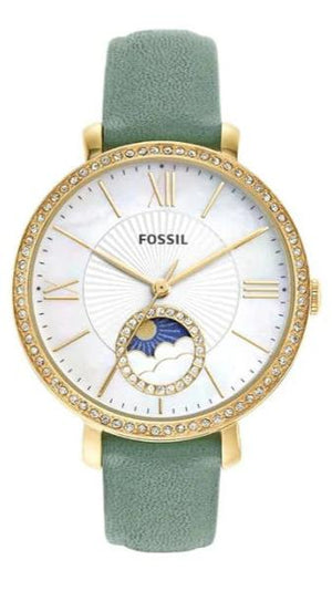  Shop Authentic Fossil Jacqueline Analog Moonphase Mother of Pearl White Dial Green Leather Strap Watch for Women - ES5168 - Luxxuri