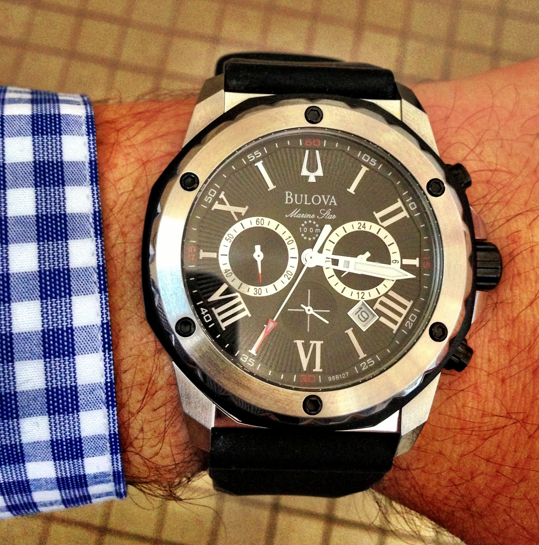  Shop Authentic Bulova Marine Star Chronograph Black Dial Black Rubber Strap Watch for Men - 98B127 - Luxxuri