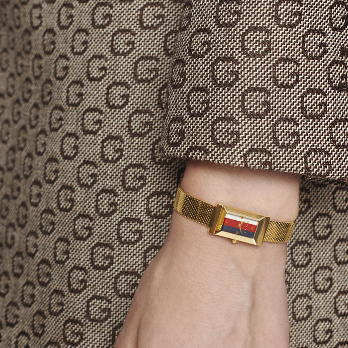  Shop Authentic Gucci G Frame Quartz Diamonds White Red Blue Dial Gold Mesh Bracelet Watch For Women - YA147511 - Luxxuri