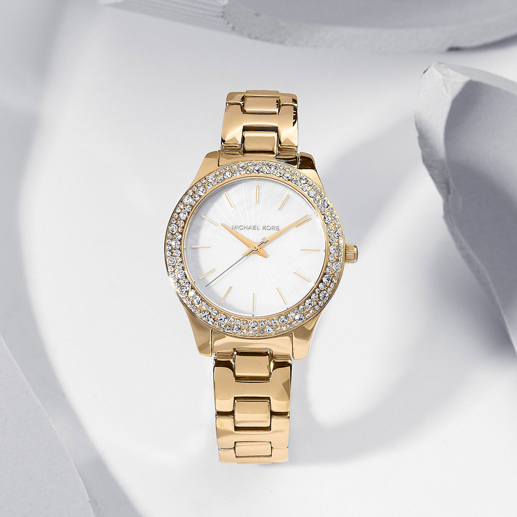  Shop Authentic Michael Kors Liliane Mother of Pearl White Dial Gold Steel Strap Watch For Women - MK4555 - Luxxuri