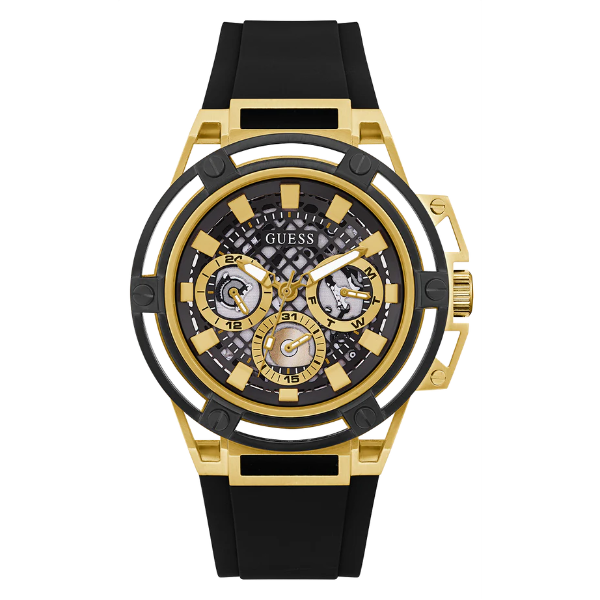  Shop Authentic Guess Matrix Multifunction Gold Dial Black Rubber Strap Watch For Men - GW0423G2 - Luxxuri