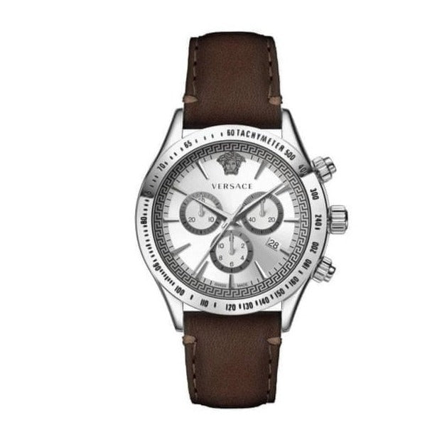  Shop Authentic Versace Classic Chronograph Quartz Silver Dial Brown Leather Strap Watch For Men - VEV700119 - Luxxuri