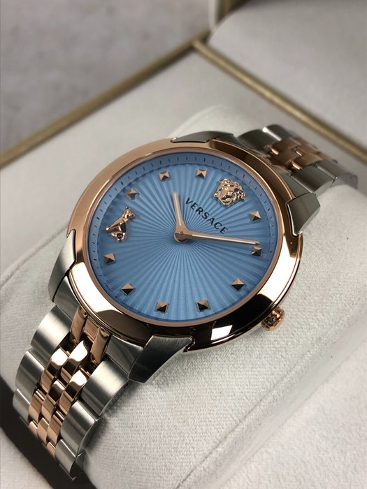  Shop Authentic Versace Audrey Quartz Blue Dial Two Tone Steel Strap Watch for Women - VELR00619 - Luxxuri
