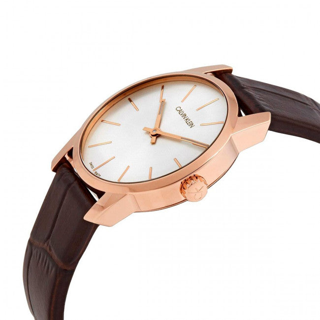  Shop Authentic Calvin Klein City White Mother of Pearl Dial Brown Leather Strap Watch for Women - K2G23620 - Luxxuri