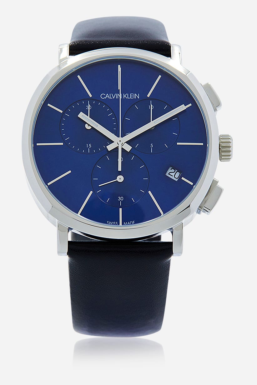  Shop Authentic Calvin Klein Chronograph Blue Dial Black Leather Strap Watch for Men - K8Q371CN - Luxxuri