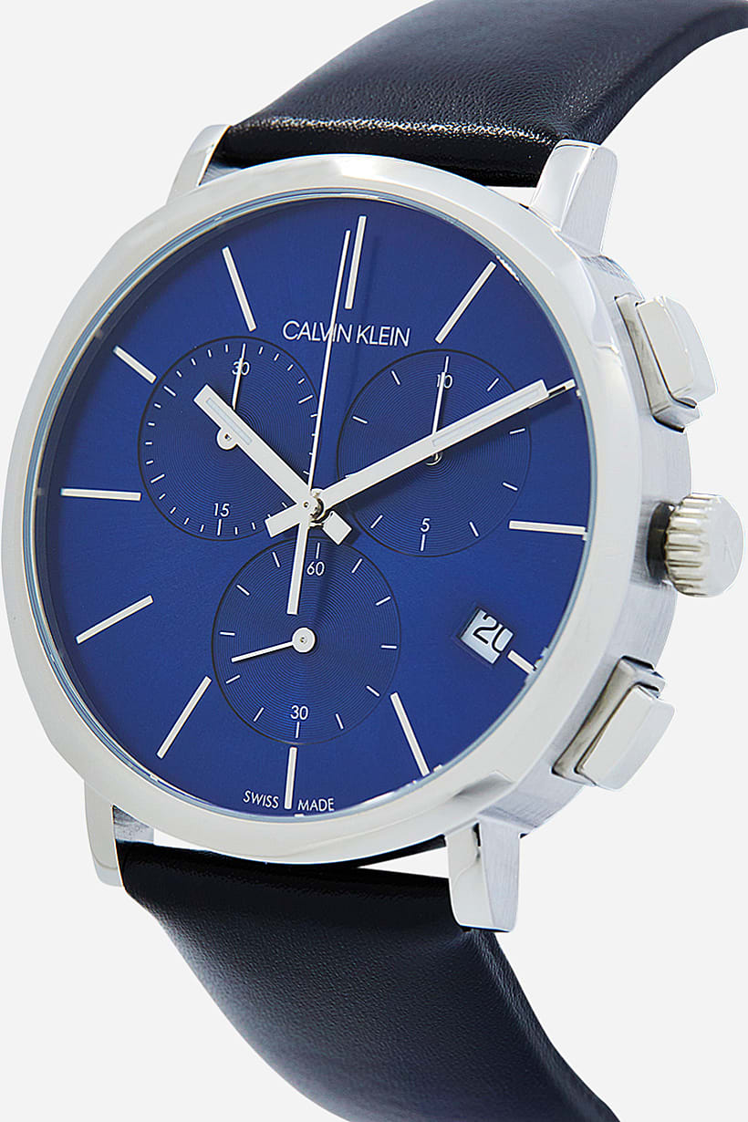  Shop Authentic Calvin Klein Chronograph Blue Dial Black Leather Strap Watch for Men - K8Q371CN - Luxxuri