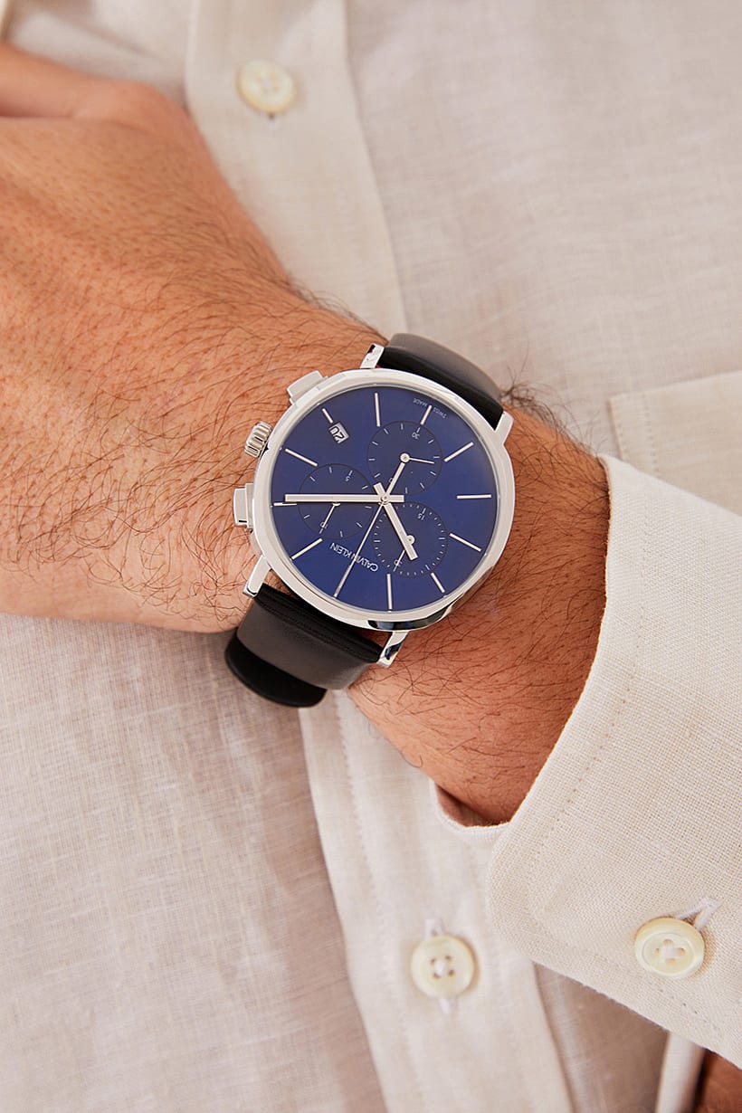  Shop Authentic Calvin Klein Chronograph Blue Dial Black Leather Strap Watch for Men - K8Q371CN - Luxxuri