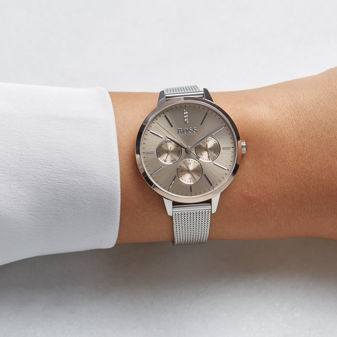  Shop Authentic Hugo Boss Symphony Brown Dial Silver Mesh Bracelet Watch for Women - 1502423 - Luxxuri