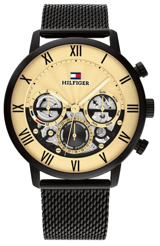  Shop Authentic Tommy Hilfiger Legend Chronograph Gold Dial Black Mesh Bracelet Watch For Men - 1710568 - Luxxuri
