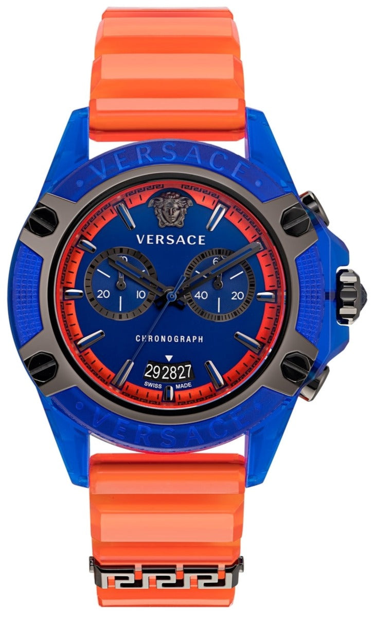  Shop Authentic Versace Icon Active Chronograph Quartz Blue Dial Orange Rubber Strap Watch For Men - VEZ700922 - Luxxuri