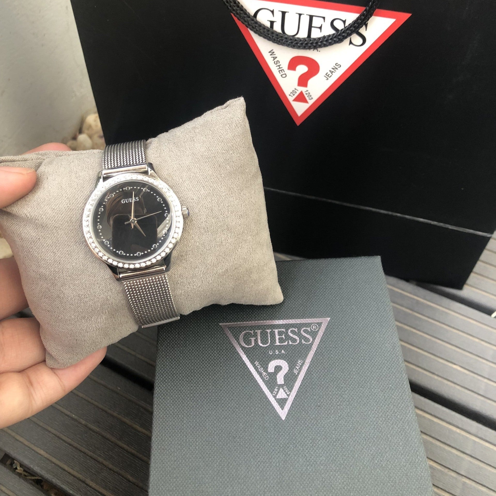 Guess Chelsea Crystals Black Dial Silver Mesh Bracelet Watch For Women  - W0647L5