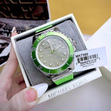  Shop Authentic Michael Kors Everest Three Hand Crystals Silver Dial Green Silicone Strap Watch For Women - MK7360 - Luxxuri