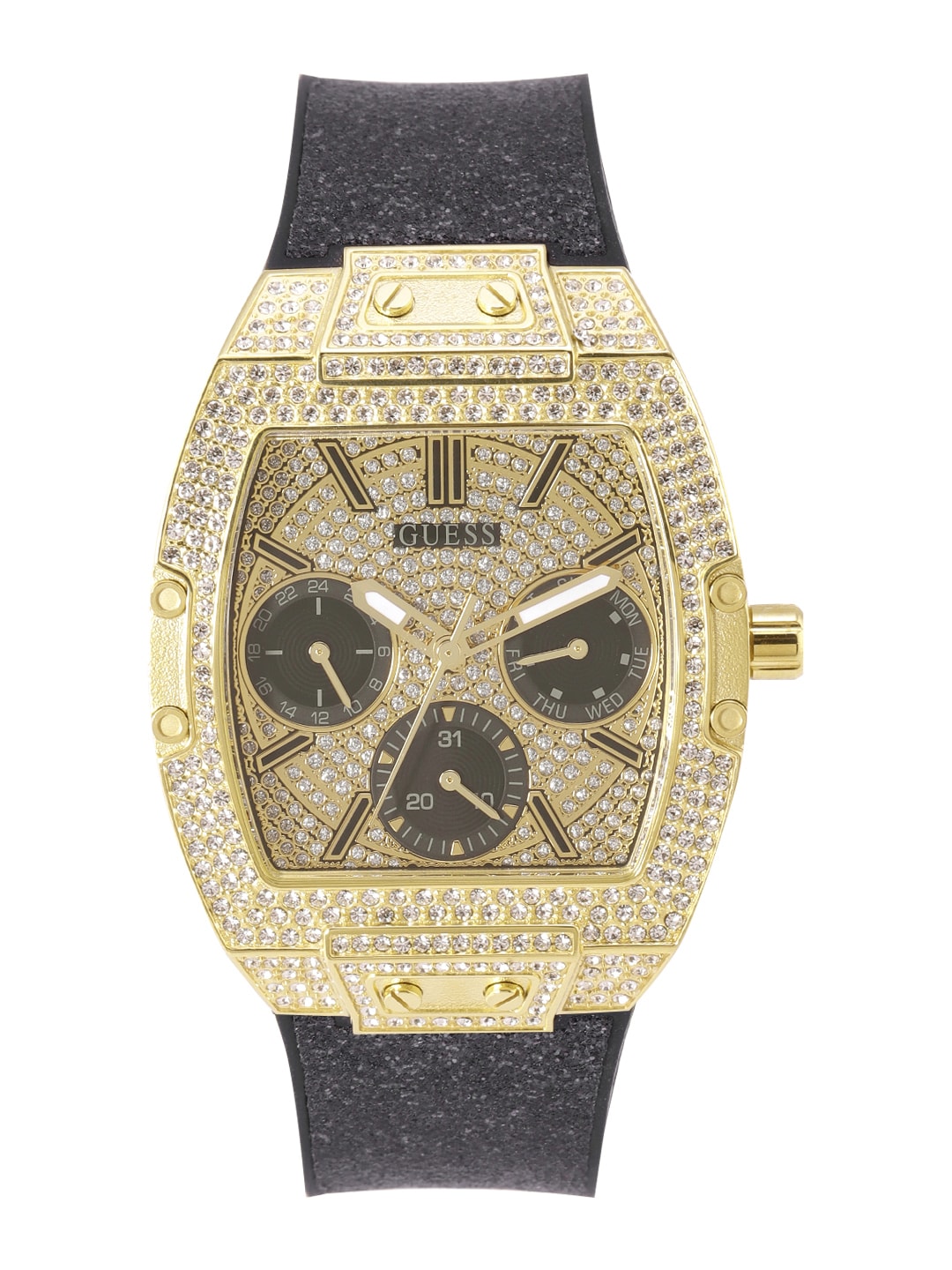  Shop Authentic Guess Raven Diamonds Champagne Dial Black Rubber Strap Watch For Women - GW0105L2 - Luxxuri