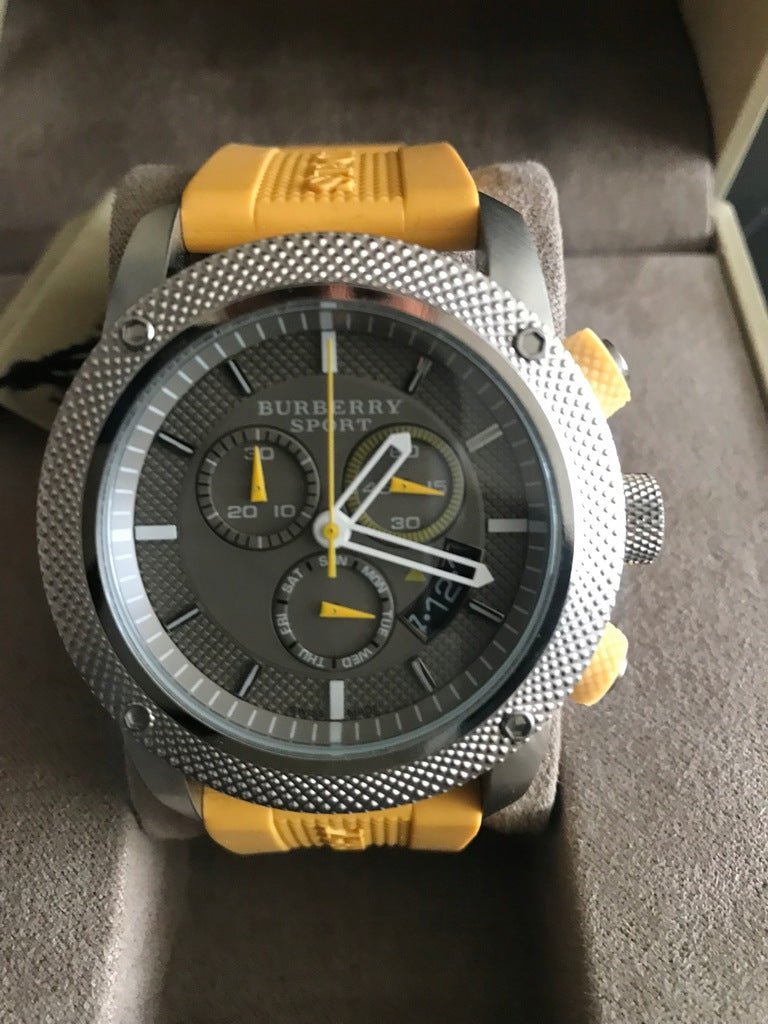  Shop Authentic Burberry Sport Chronograph Grey Dial Yellow Rubber Strap Watch for Men - BU7712 - Luxxuri