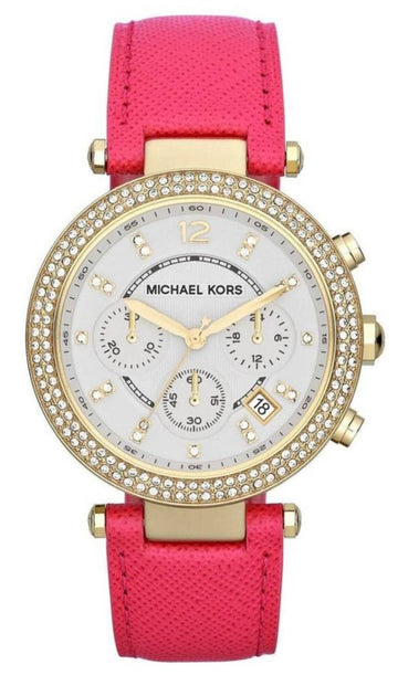  Shop Authentic Michael Kors Parker Chronograph White Dial Pink Leather Strap Watch for Women - MK2297 - Luxxuri
