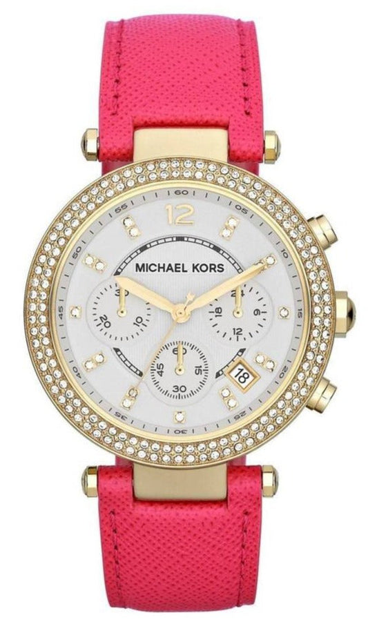  Shop Authentic Michael Kors Parker Chronograph White Dial Pink Leather Strap Watch for Women - MK2297 - Luxxuri