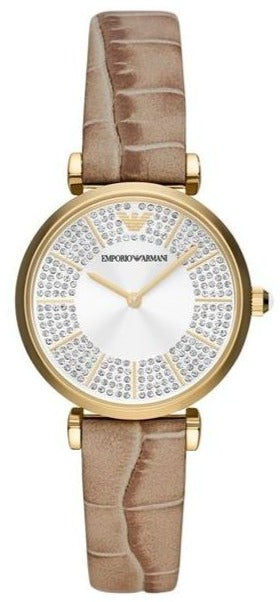  Shop Authentic Emporio Armani Gianni T Bar Crystals Silver Dial Brown Leather Strap Watch For Women - AR11518 - Luxxuri