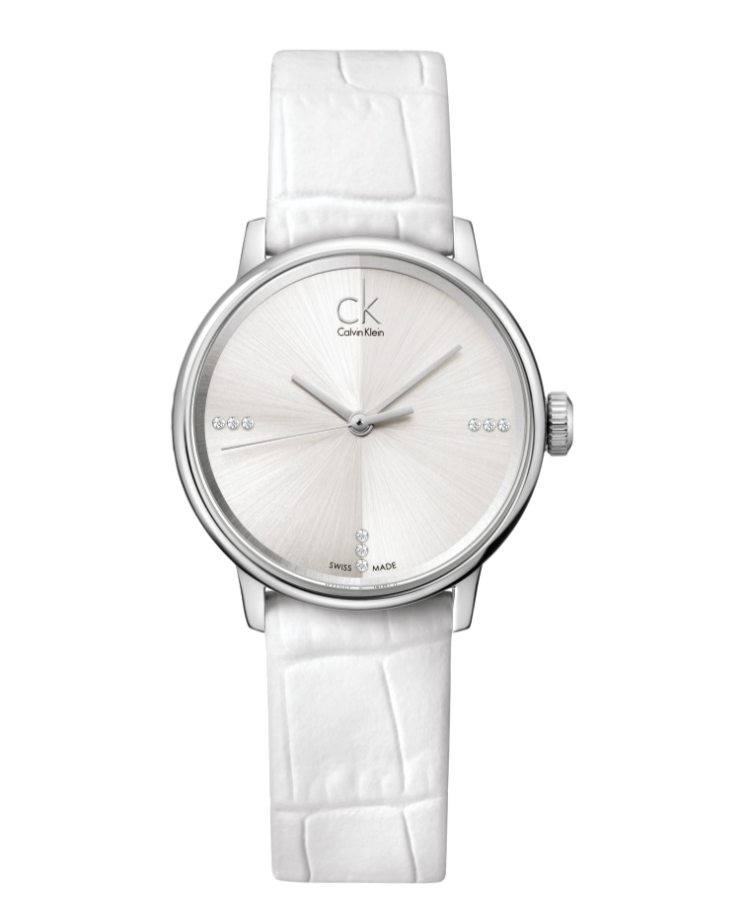  Shop Authentic Calvin Klein Accent Silver Dial White Leather Strap Watch for Women - K2Y2Y1KW - Luxxuri