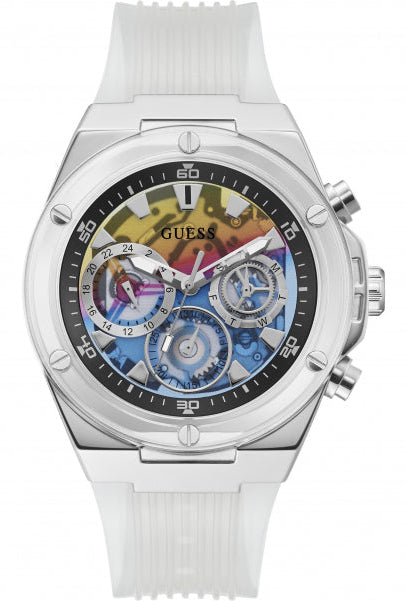  Shop Authentic Guess Poseidon Chronograph Rainbow Dial White Silicone Strap Watch For Men - GW0425G4 - Luxxuri