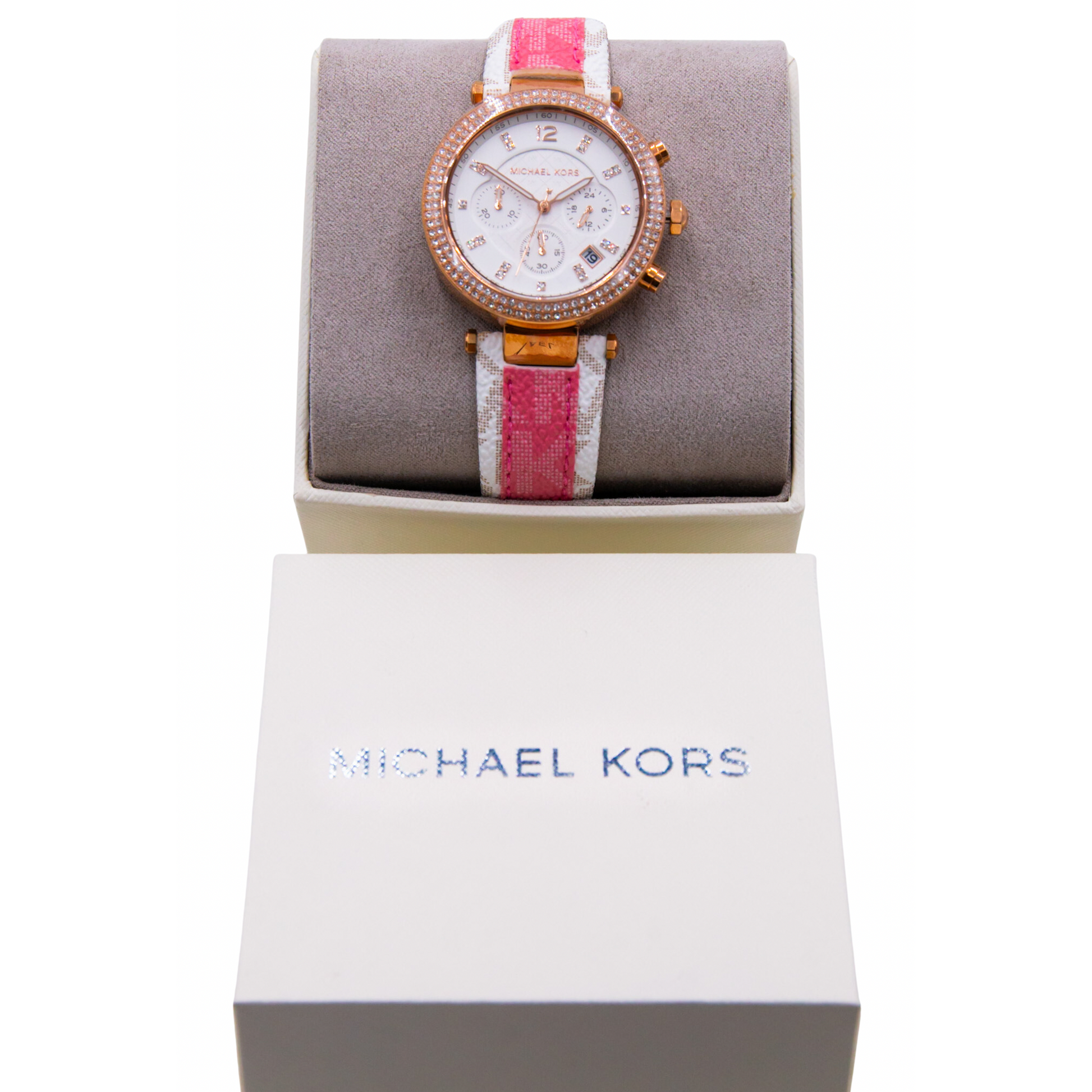  Shop Authentic Michael Kors Parker Chronograph White Dial Two Tone Leather Strap Watch For Women - MK6951 - Luxxuri