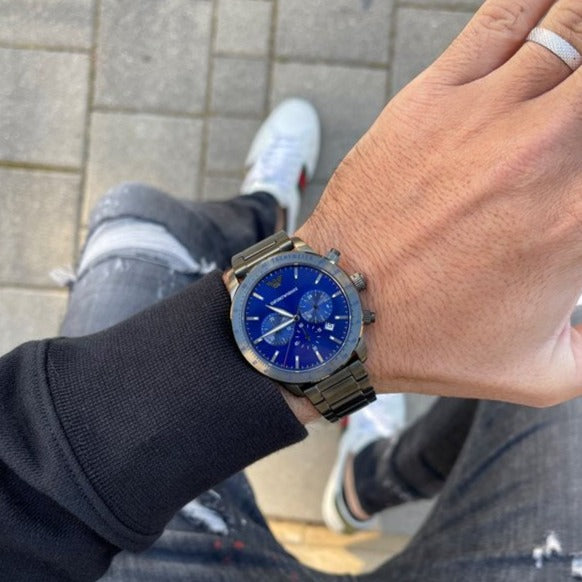  Shop Authentic Emporio Armani Mario Chronograph Blue Dial Grey Steel Strap Watch For Men - AR80045 - Luxxuri