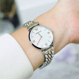  Shop Authentic Emporio Armani Gianni T-Bar Mother of Pearl Dial Two Tone Steel Strap Watch For Women - AR1987 - Luxxuri