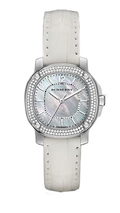 Burberry The Britain Diamonds Mother of Pearl Dial White Leather Strap Watch for Women - BBY1800
