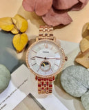 Shop Authentic Fossil Jacqueline Analog Moonphase Mother of Pearl White Dial Rose Gold Steel Strap Watch for Women - ES5165 - Luxxuri