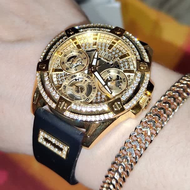  Shop Authentic Guess King Quartz Crystals Gold Dial Black Silicone Strap Watch For Men - GW0537G2 - Luxxuri