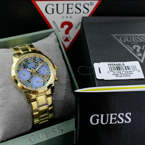  Shop Authentic Guess Mini Sunrise Quartz Blue Dial Gold Steel Strap Watch For Women - W0448L6 - Luxxuri