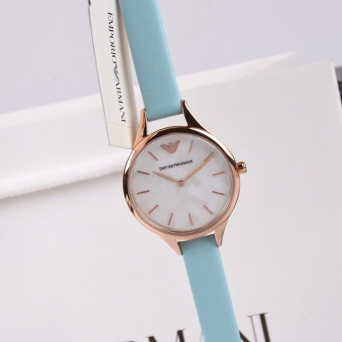  Shop Authentic Emporio Armani Aurora Quartz Mother of Pearl White Dial Blue Leather Strap Watch For Women - AR11109 - Luxxuri