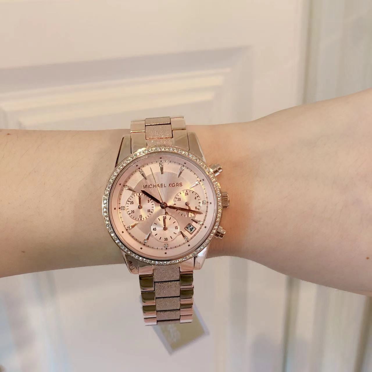  Shop Authentic Michael Kors Ritz Chronograph Rose Gold Dial Rose Gold Steel Strap Watch For Women - MK6598 - Luxxuri