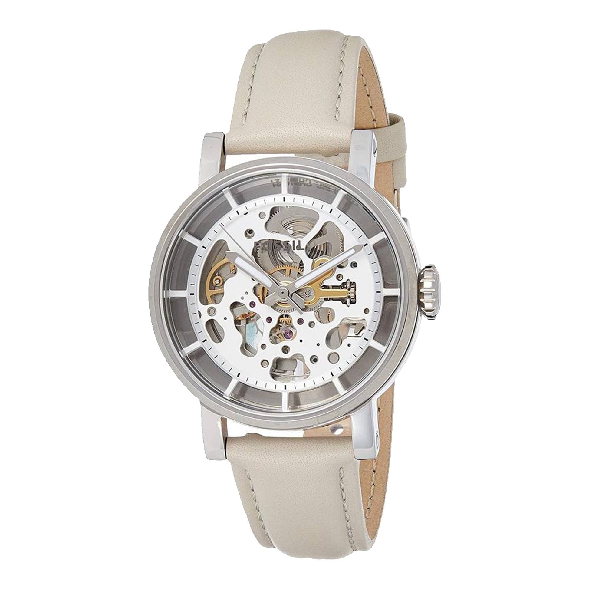  Shop Authentic Fossil Boyfriend Automatic Skeleton Silver Dial White Leather Strap Watch for Women - ME3069 - Luxxuri