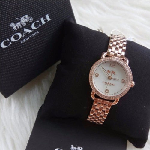 Coach Delancey Mother of Pearl White Dial Rose Gold Steel Strap Watch for Women - 14502479