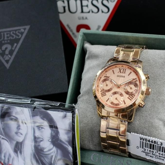  Shop Authentic Guess Mini Sunrise Chronograph Quartz Rose Gold Dial Rose Gold Steel Strap Watch For Women - W0448L3 - Luxxuri