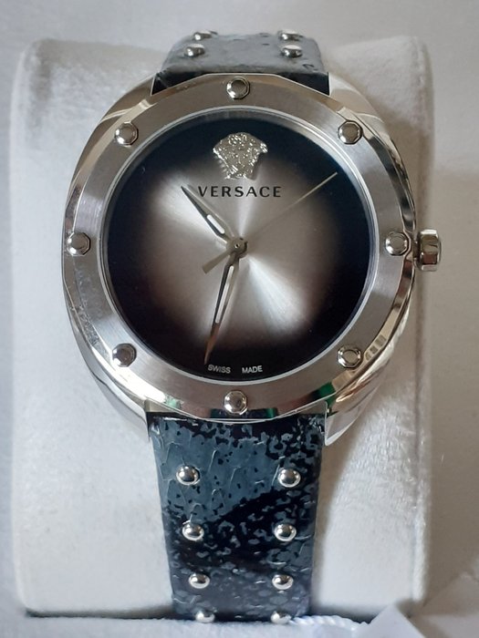  Shop Authentic Versace Shadov Quartz Silver Dial Black Snake Leather Strap Watch for Women - VEBM00118 - Luxxuri