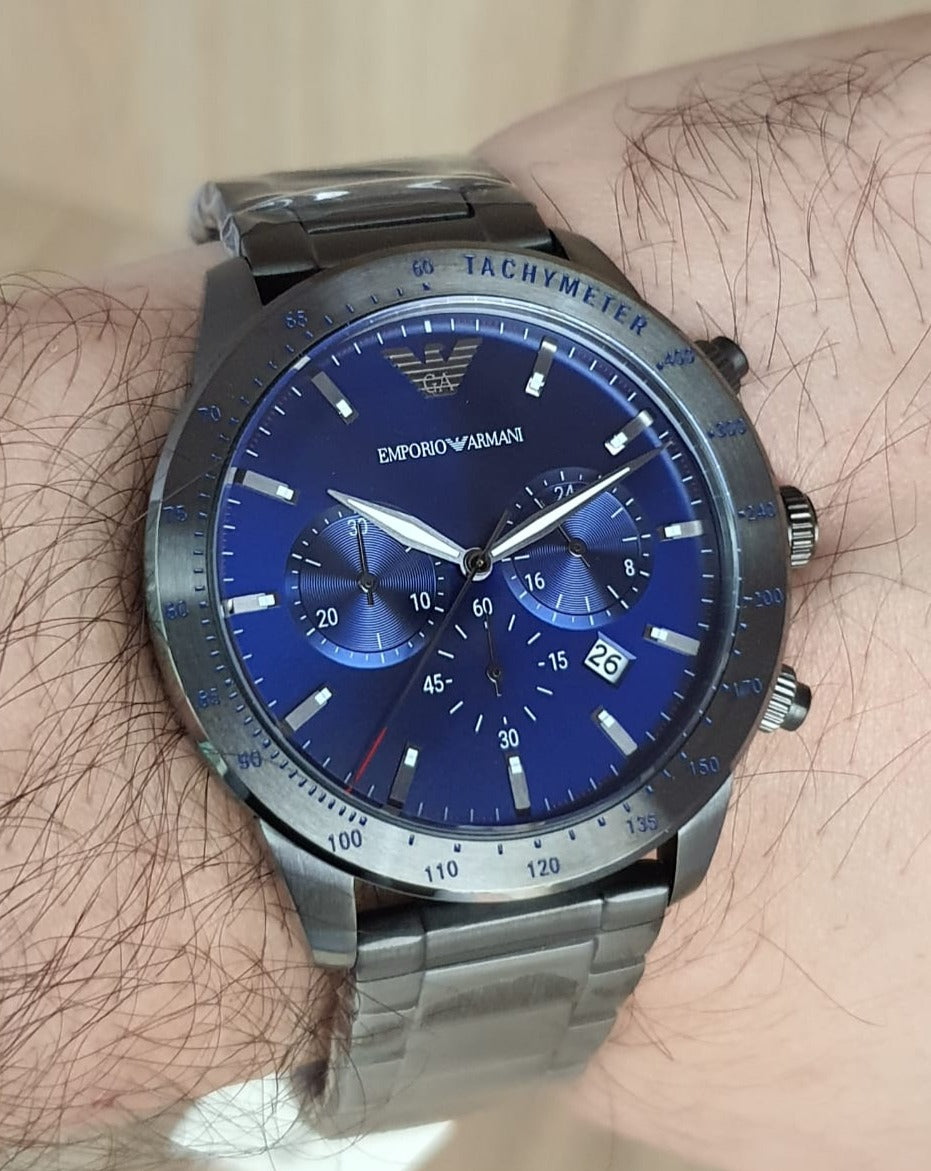  Shop Authentic Emporio Armani Mario Chronograph Blue Dial Grey Steel Strap Watch For Men - AR80045 - Luxxuri