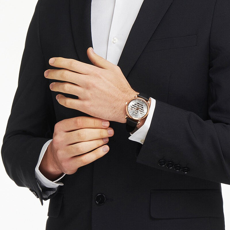  Shop Authentic Emporio Armani Meccanico Skeleton Silver Dial Black Leather Strap Watch For Men - AR60031 - Luxxuri