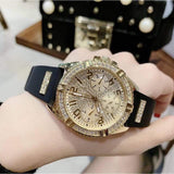  Shop Authentic Guess Frontier Diamonds Gold Dial Black Rubber Strap Watch For Women - W1160L1 - Luxxuri