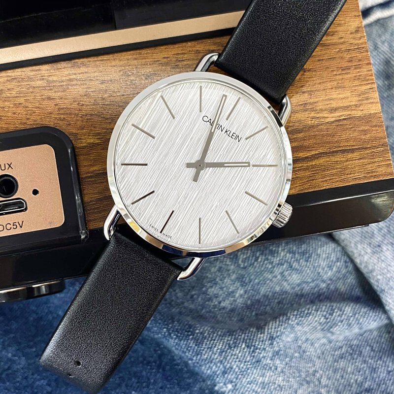  Shop Authentic Calvin Klein Even Silver Black Leather Strap Watch for Women - K7B231C6 - Luxxuri