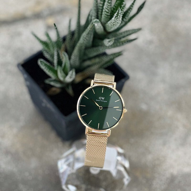  Shop Authentic Daniel Wellington Petite Emerald Green Dial Gold Mesh Strap Watch For Women - DW00100480 - Luxxuri