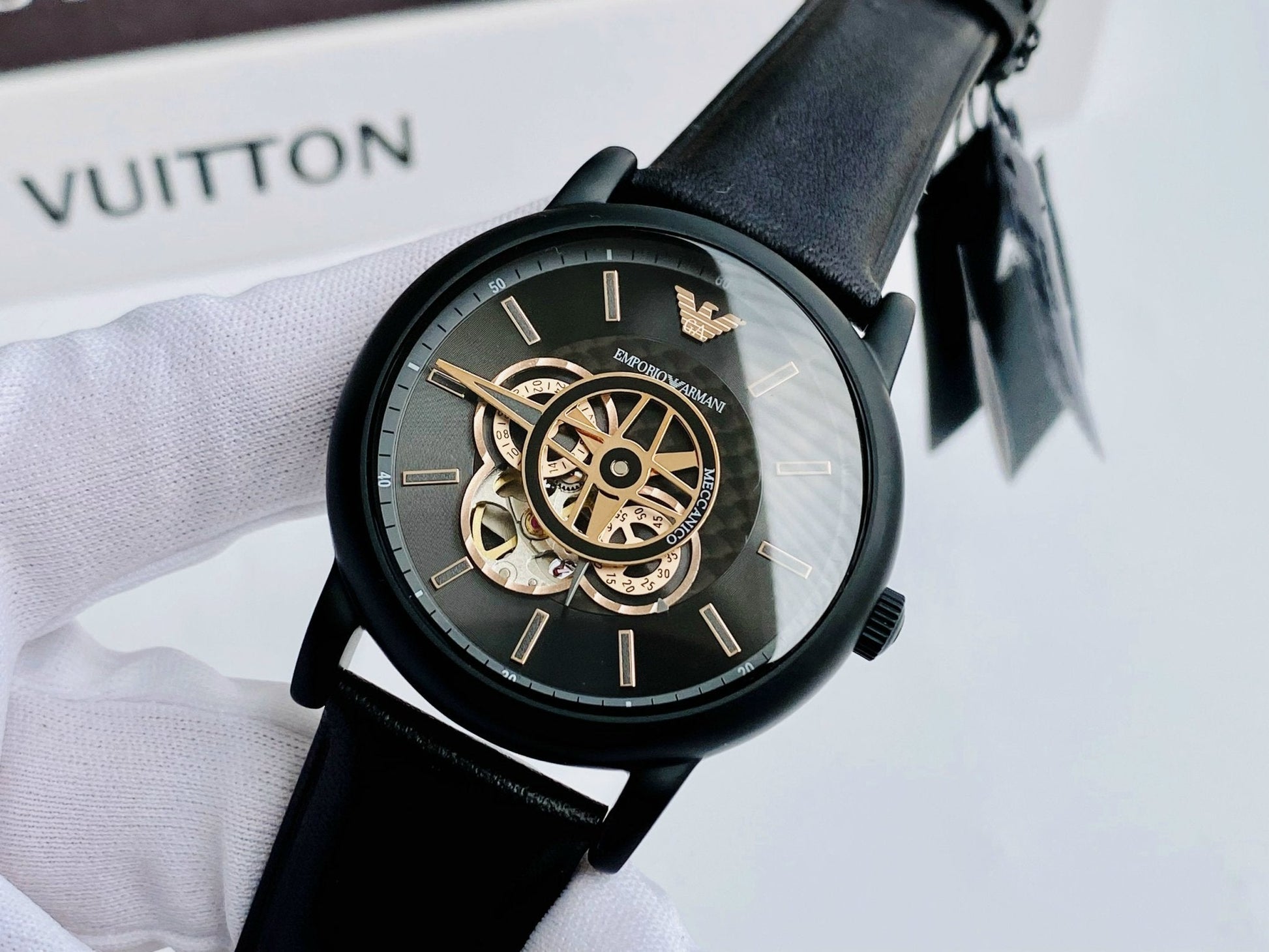  Shop Authentic Emporio Armani Luigi Automatic Skeleton Black Dial Black Leather Strap Watch For Men - AR60012 - Luxxuri