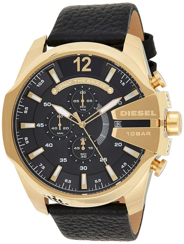  Shop Authentic Diesel Mega Chief Gold & Black Dial Black Leather Strap Watch For Men - DZ4344 - Luxxuri